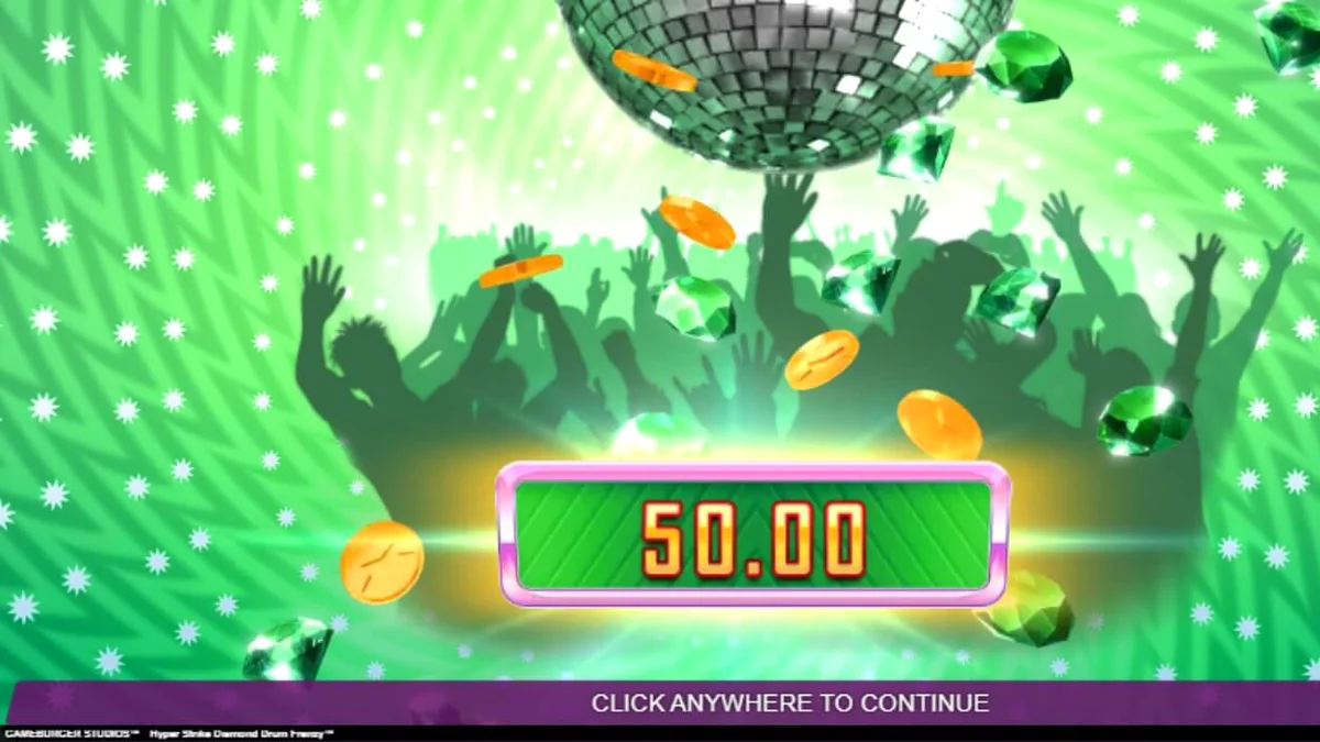 Tampilan visual slot Hyper Strike Diamond Drum Frenzy dengan tema neon retro dan drum emas.